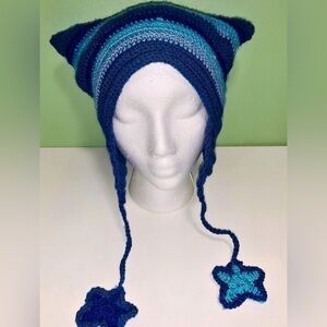 ✨ Hand-Crocheted Cat Ear Beanie Hat in Ocean Blues! 🌊